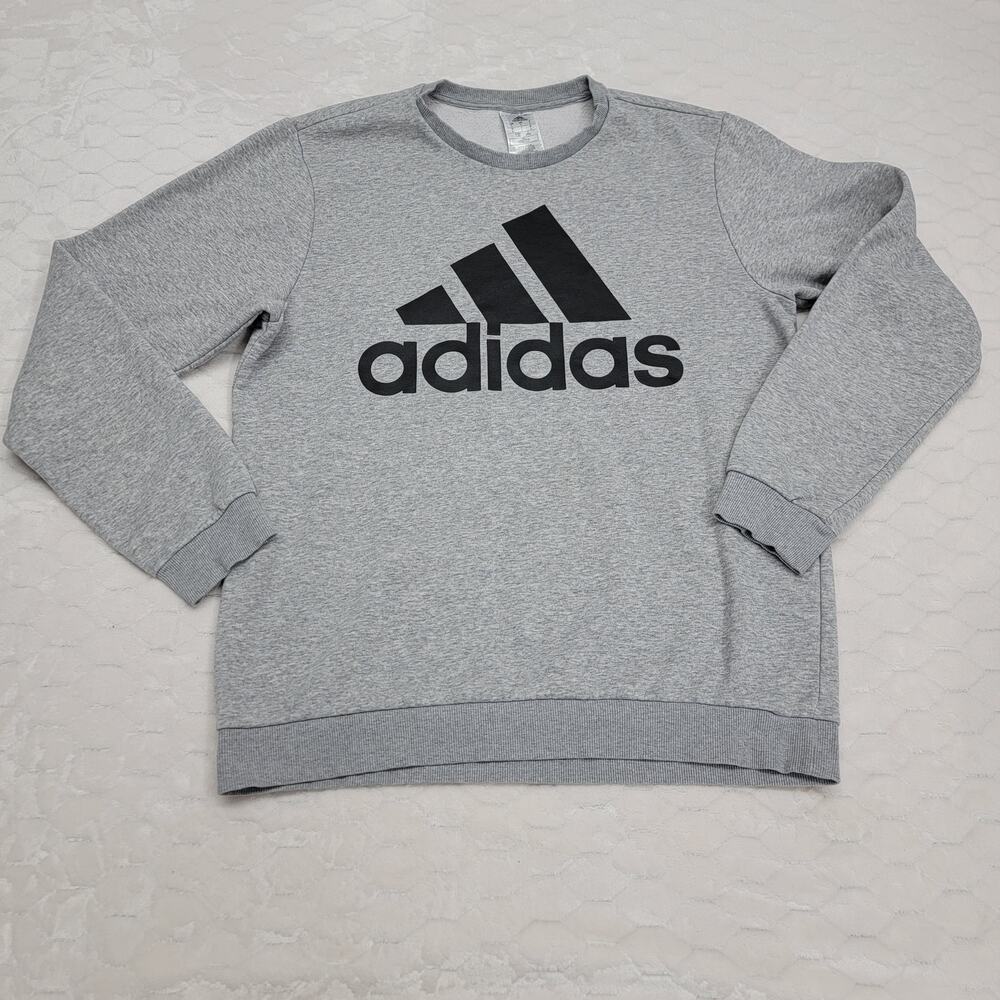 Adidas Mens Large Gray Black Big Logo Crewneck Sweatshirt Pullover Sweater